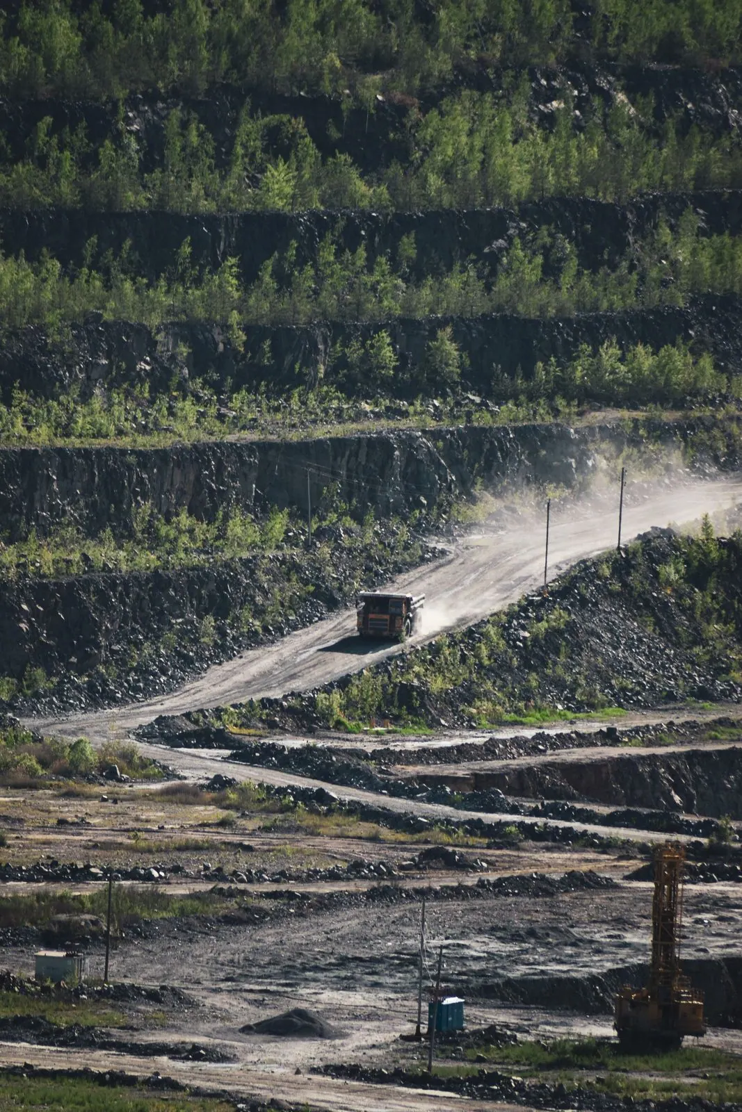 At a mine, downwind of the haul roads