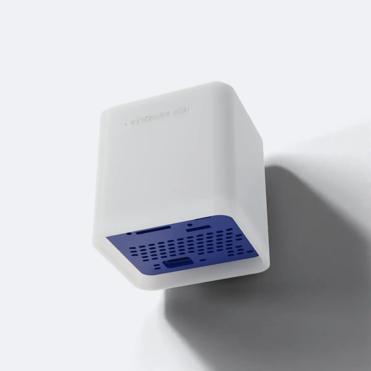 From below: the sealed blue base and its sensor vents